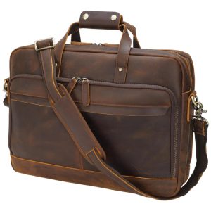 Bolsa Carteiro Masculina de Couro Grão Integral para Laptop com 17 Polegadas Masa Kawa Marrom