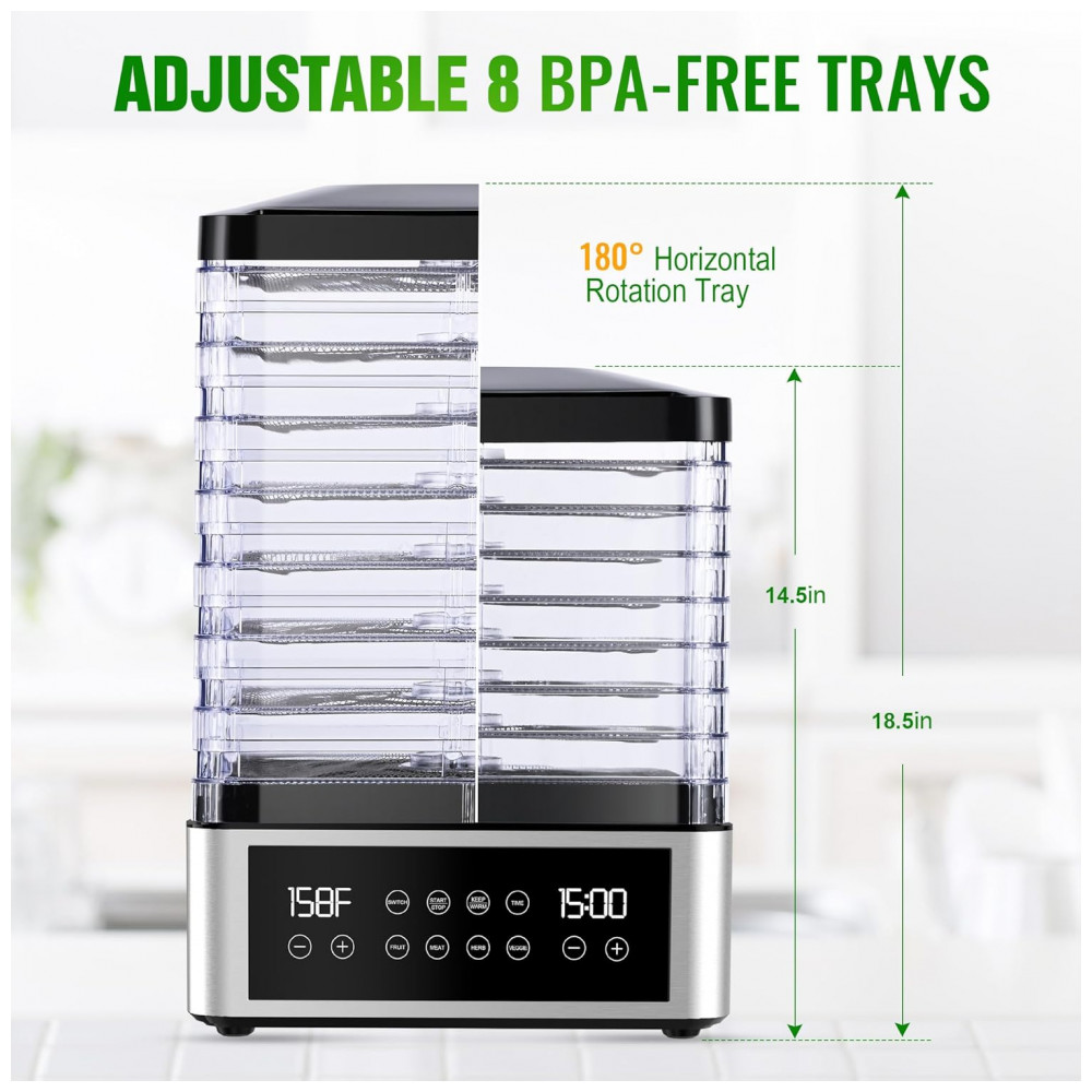 Desidratador de Alimentos, 8 Bandejas em Aço Inoxidável com Controle de Tempo e Temperatura, Ideal para Jerky, Frutas, Vegetais, Tupoyi - Imagem 6