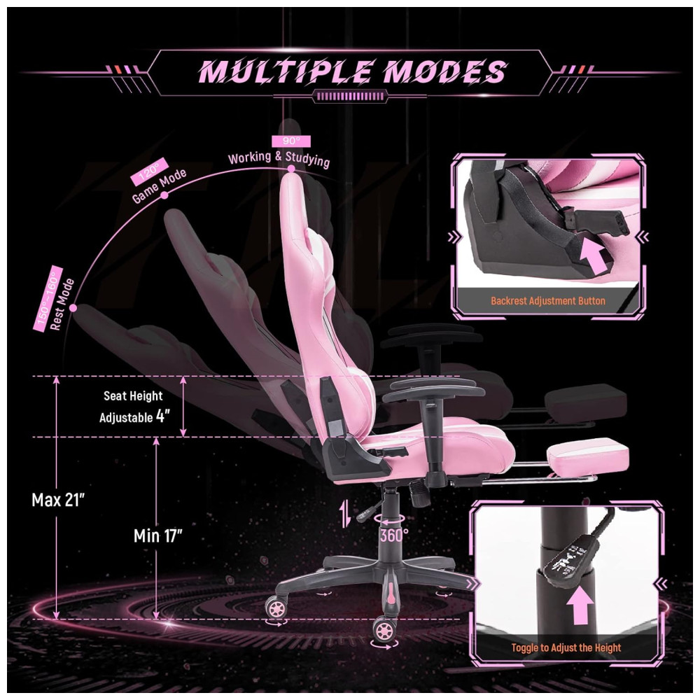 AA Cadeira de Escritório Gamer Reclinável e Ergonômica com Apoio de Braço Ajustável Rosa - Imagem 4