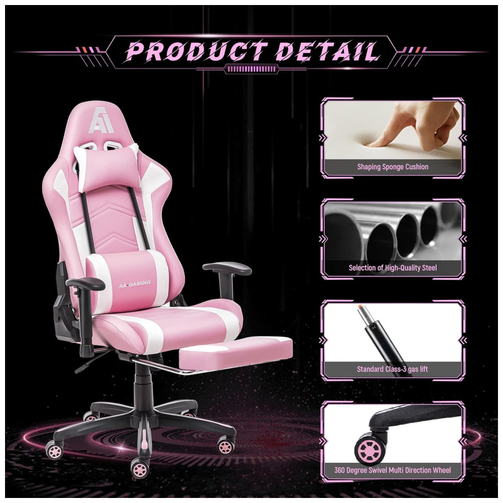 AA Cadeira de Escritório Gamer Reclinável e Ergonômica com Apoio de Braço Ajustável Rosa - Imagem 6