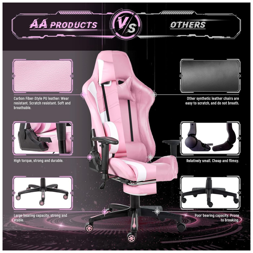 AA Cadeira de Escritório Gamer Reclinável e Ergonômica com Apoio de Braço Ajustável Rosa - Imagem 7