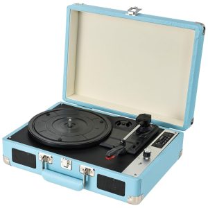 Toca-discos Hododou Vinyl Record Player Portátil com Bluetooth 3 Velocidades e Gravação USB - Alto-falantes Integrados - Azul