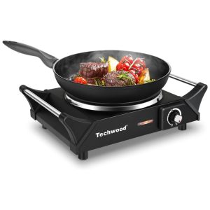 Cooktop Elétrico Portátil Adequado para Todos os Tipos de Utensílios de Cozinha com Desligamento Automático Alças e Temperatura Ajustável 110V 1500W Techwood Preto