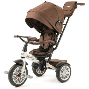 Triciclo Infantil 6 em 1 Oficialmente Projetado pela Bentley com Cobertura e Alça para os Pais POSH BABY KIDS Branco e Marrom