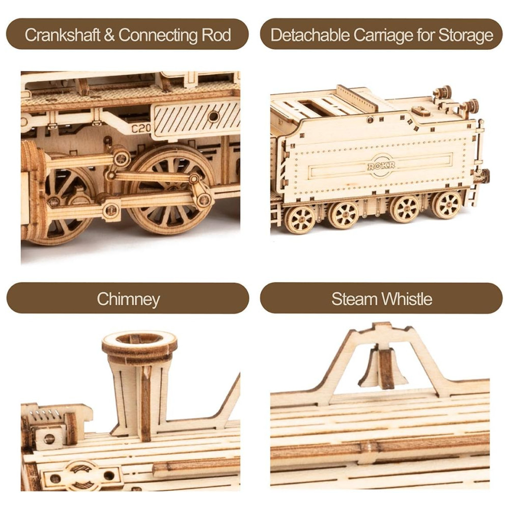 Quebra Cabeças 3D para Adultos Escala 1:80 Tema Trem Mecânico com 308 Peças ROKR Marrom - Imagem 3