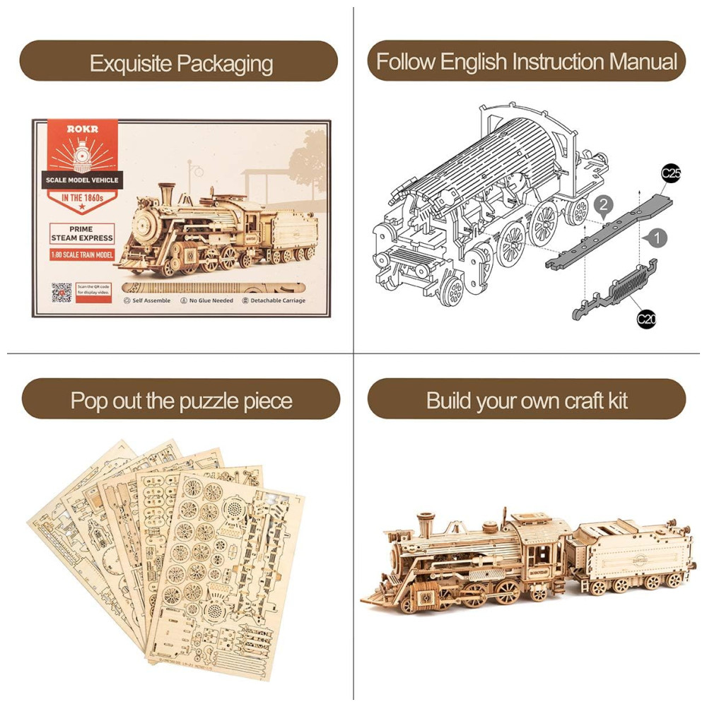 Quebra Cabeças 3D para Adultos Escala 1:80 Tema Trem Mecânico com 308 Peças ROKR Marrom - Imagem 4