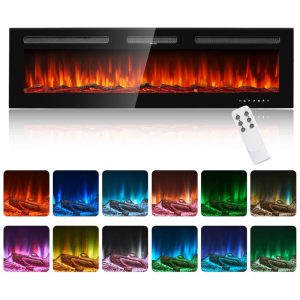 Lareira Elétrica oneinmil de 152 cm Embutida ou de Parede 750W/1500W 12 Cores de Chama Controle Remoto Troncos e Cristais Inclusos