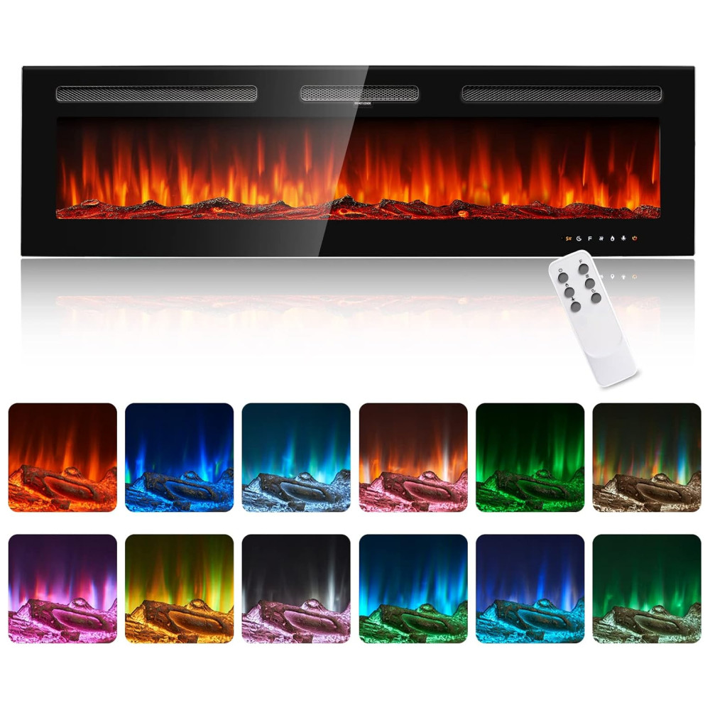 Lareira Elétrica oneinmil de 152 cm Embutida ou de Parede 750W/1500W 12 Cores de Chama Controle Remoto Troncos e Cristais Inclusos