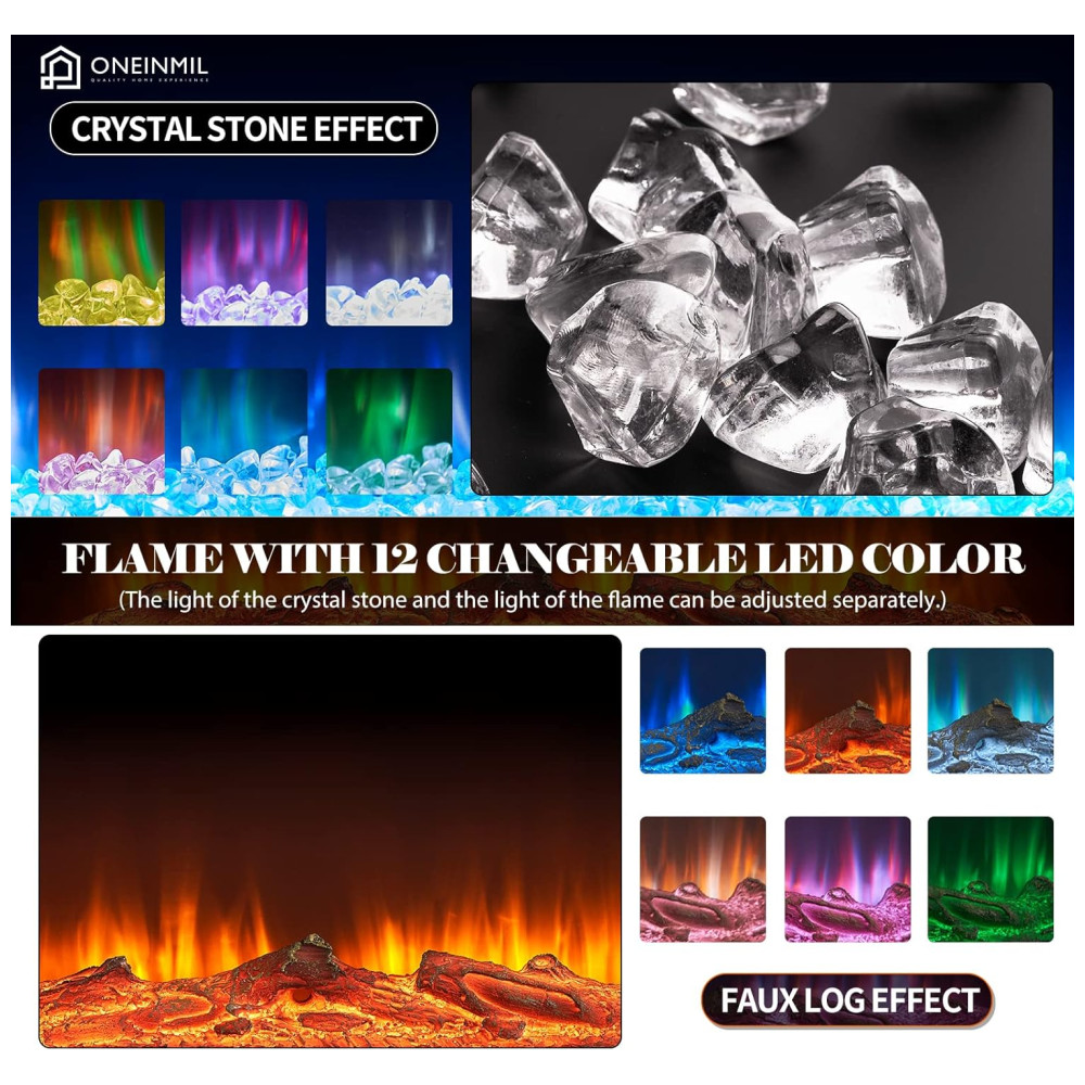 Lareira Elétrica oneinmil de 152 cm Embutida ou de Parede 750W/1500W 12 Cores de Chama Controle Remoto Troncos e Cristais Inclusos - Imagem 3