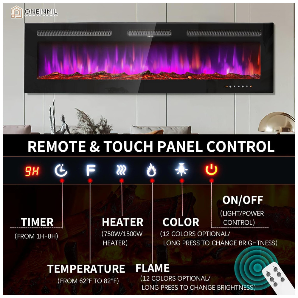 Lareira Elétrica oneinmil de 152 cm Embutida ou de Parede 750W/1500W 12 Cores de Chama Controle Remoto Troncos e Cristais Inclusos - Imagem 4