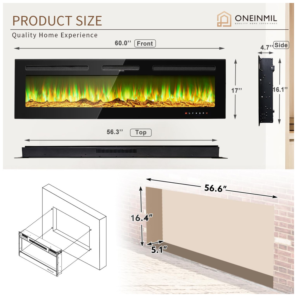 Lareira Elétrica oneinmil de 152 cm Embutida ou de Parede 750W/1500W 12 Cores de Chama Controle Remoto Troncos e Cristais Inclusos - Imagem 5