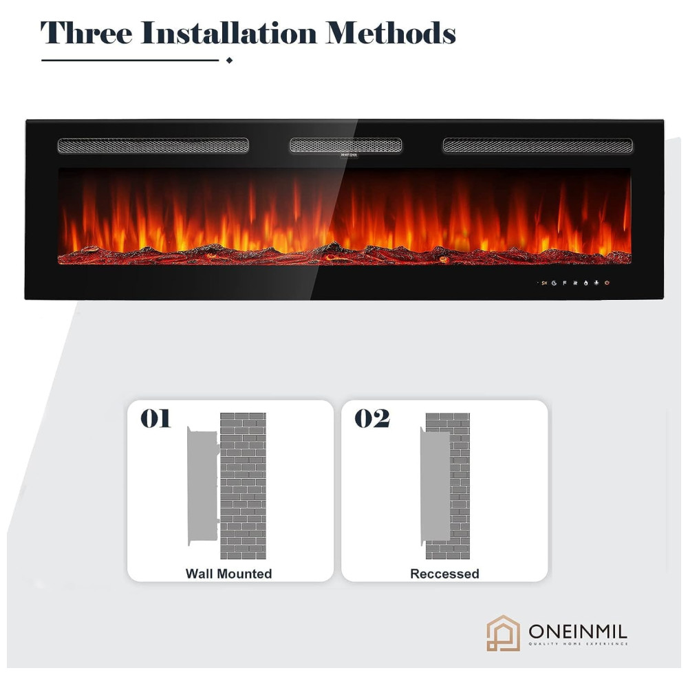 Lareira Elétrica oneinmil de 152 cm Embutida ou de Parede 750W/1500W 12 Cores de Chama Controle Remoto Troncos e Cristais Inclusos - Imagem 6