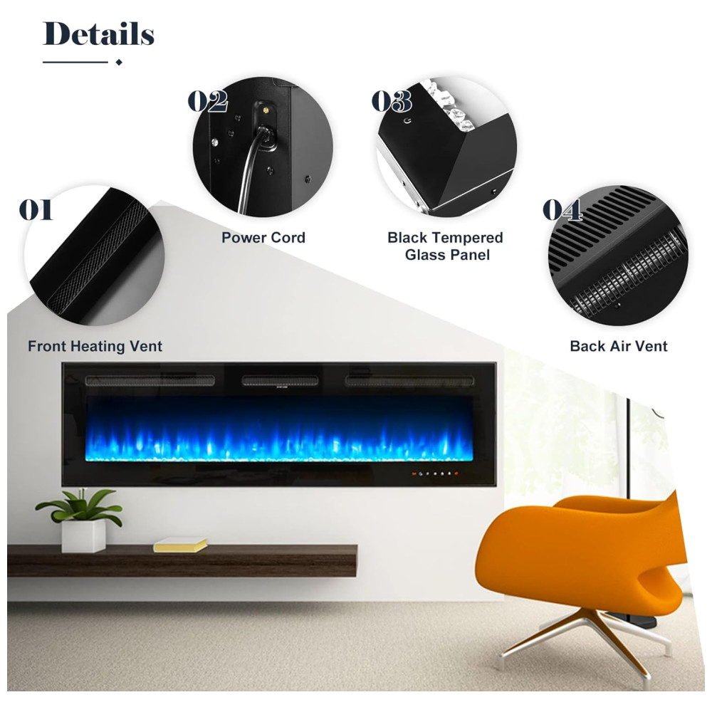 Lareira Elétrica oneinmil de 152 cm Embutida ou de Parede 750W/1500W 12 Cores de Chama Controle Remoto Troncos e Cristais Inclusos - Imagem 7