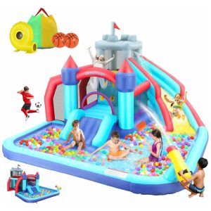 Parque Aquático Inflável 10 em 1 até 150 kg com Corrediça de Água Parede de Escalada e Cesta de Basquete WONFUY Colorido