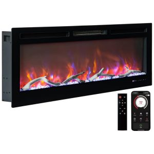 Lareira Elétrica de 127 cm Embutida ou de Parede com LED Touch Controle Remoto e App Wi-Fi. Aquecedor 1500/750W 12 Cores AjustáveisTimer AsyPets