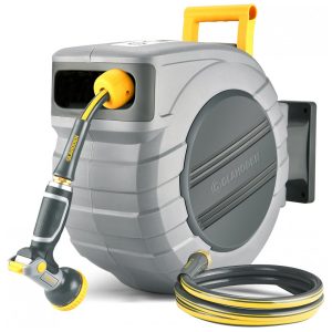 Mangueira de Jadim 35M com Enrolador Retrátil Trava Sistema de Retorno Lento e Bico Pulverizador de 9 Funções GLAHODEN Cinza e Amarelo
