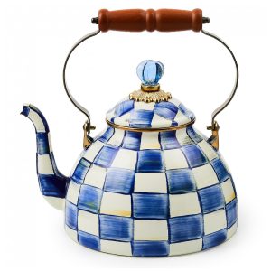 Chaleira de Chá Esmaltada 3 Litros com Pássaro MacKenzie Childs Branca e Azul Escuro