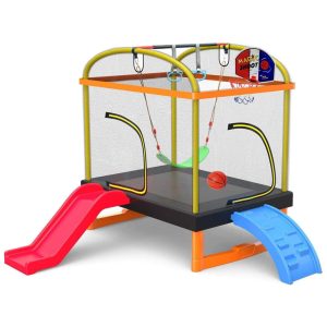 Trampolim Retângulo 4 em 1 com Escalada Deslizar Balanço e Mini Trampolim 1.98m LANGXUN