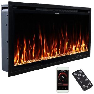 Lareira Elétrica Linear Inteligente Modern Ember Aerus de 91 cm Embutida ou de Parede Chamas LED Multicoloridas Wi-Fi Alexa Google