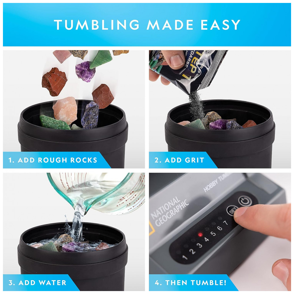 Hobby Rock Tumbler Kit – Polidor de Pedras à Prova de Vazamentos com Temporizador de 7 Dias, Kit Completo com Grit e GemFoam National Geographic - Imagem 2