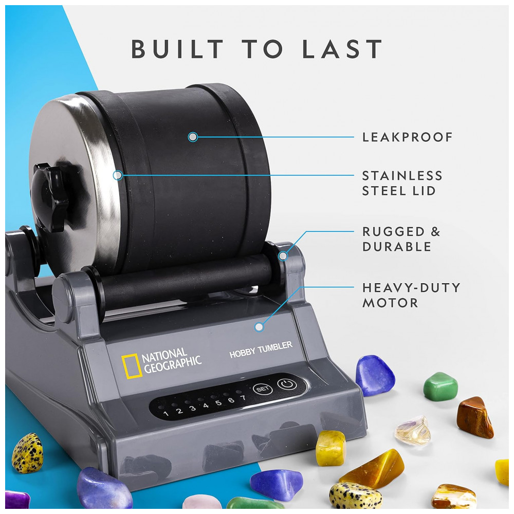 Hobby Rock Tumbler Kit – Polidor de Pedras à Prova de Vazamentos com Temporizador de 7 Dias, Kit Completo com Grit e GemFoam National Geographic - Imagem 3