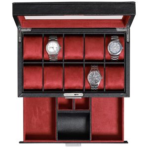 Caixa Estojo de Couro com Gaveta de Manobrista para Relógios com 10 Compartimentos ROTHWELL Preto e Vermelho