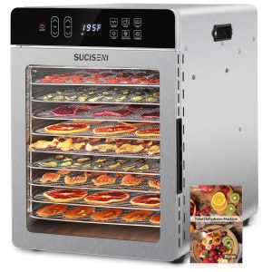 Desidratador de Alimentos SUCISENI com 10 Bandejas de Aço Inoxidável 9 pés 1000W Timer de 24 Horas e Controle de Temperatura