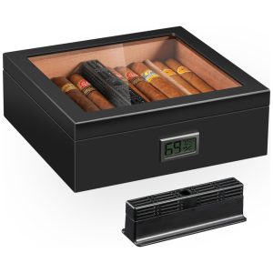 Umidor de Charutos Teplat Artesanal em Cedro Higrômetro Digital Divisor Removível Acabamento Preto Tampa de 120mm.