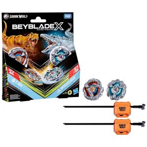 Beyblade X Jurassic World T. Rex vs Mosasaurus Multipack conjunto de batalha com 2 piões e 2 lançadores metálico