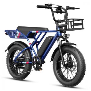 Bicicleta elétrica Jasion RetroVolt azul com cesta dianteira pneus 20x4 suspensão dupla motor 1500W pico bateria 48V 13Ah 70 km 7 marchas 110V