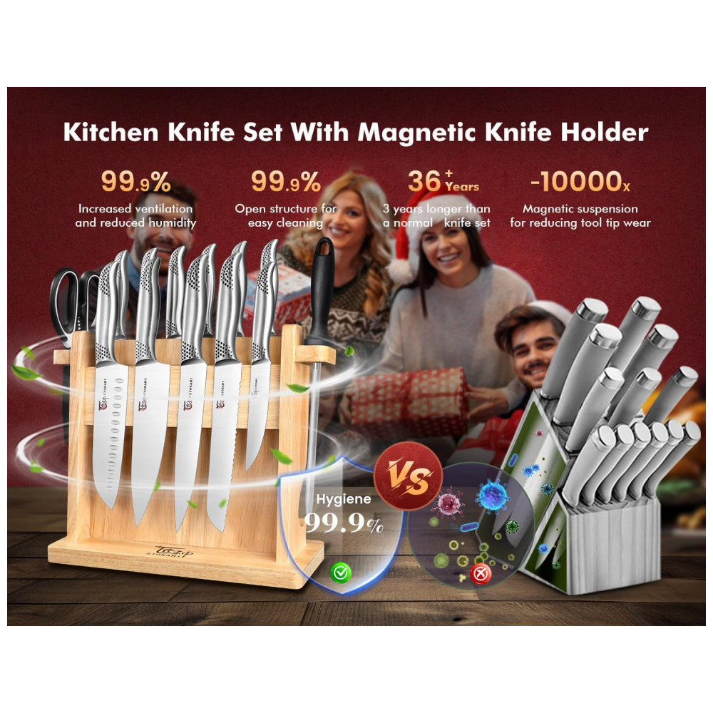 Conjunto de Facas em Aço Inoxidável com Suporte Magnético 14 Peças SYOKAMI Prata e Preto - Imagem 2