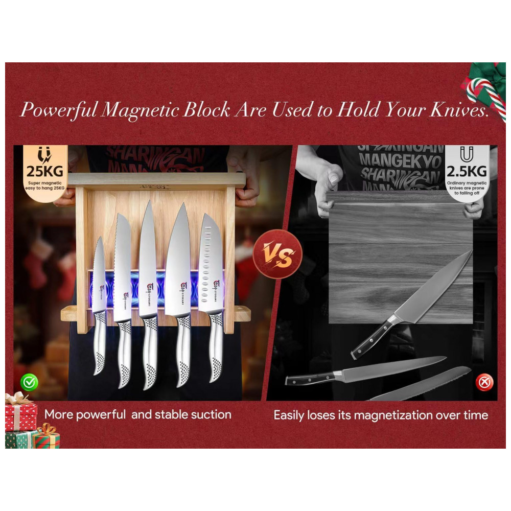 Conjunto de Facas em Aço Inoxidável com Suporte Magnético 14 Peças SYOKAMI Prata e Preto - Imagem 4