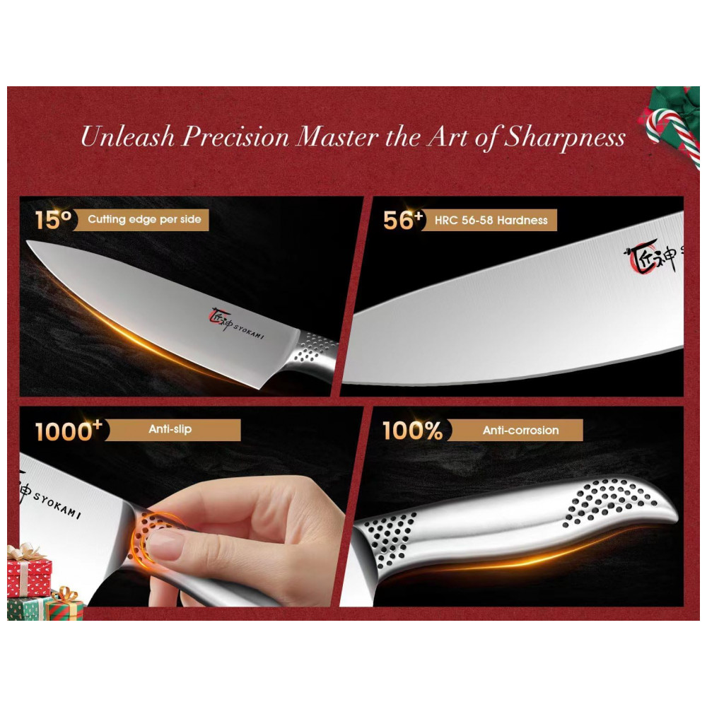 Conjunto de Facas em Aço Inoxidável com Suporte Magnético 14 Peças SYOKAMI Prata e Preto - Imagem 5