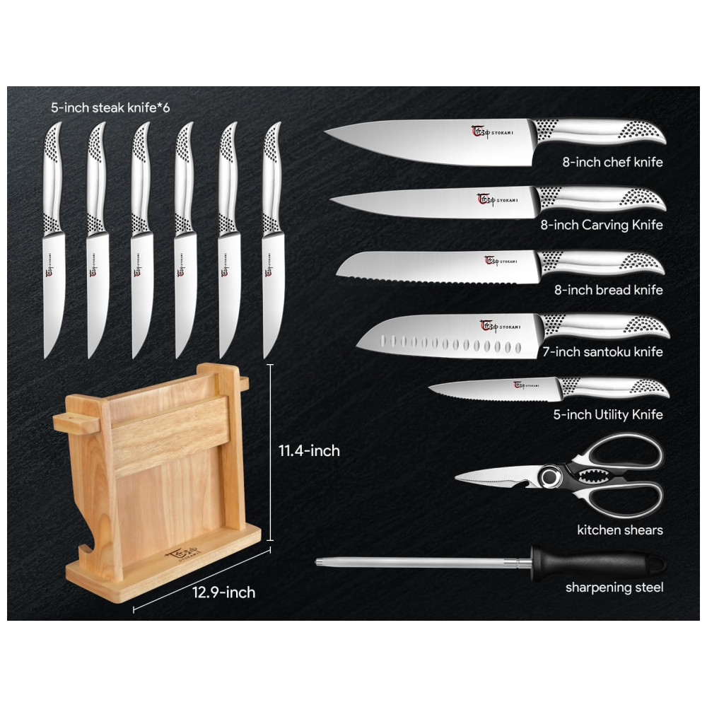 Conjunto de Facas em Aço Inoxidável com Suporte Magnético 14 Peças SYOKAMI Prata e Preto - Imagem 7