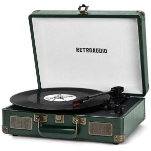 Toca-discos de Vinil Portátil Retro Bluetooth em Maleta Verde Escuro com 3 VelocidadesRetroAudio