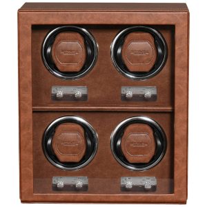 Caixa Estojo de Couro Rotativo Automático para Relógios 4 Lugares ROTHWEL Marrom