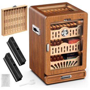 Umidor de Charutos de Mesa com Tampa de Vidro 4 Prateleiras de Cedro Espanhol 2 Umidificadores 1 Higrômetro Digital.LIHTUN