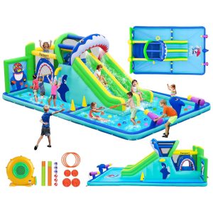 Parque Aquático Inflável com Tobogã e Parque Aquático da FBSPORT: Castelo com Duplo Tobogã Parede de Escalada Área de Pulo Arremesso de Argolas.