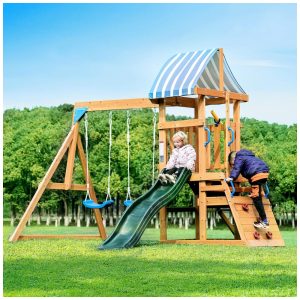 Playground com Parede de Escalada Infantil ROBUD Conjunto de Balanço para Quintal Brinquedo Infantil em Madeira com 2 Balanços Escorregador.