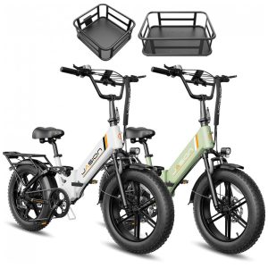 Kit 2 bicicletas elétricas dobráveis Jasion X-Hunter ST branca e verde cestos pneus 20x4 motor 750W pico 1400W bateria 48V 13Ah 70 km 110V 