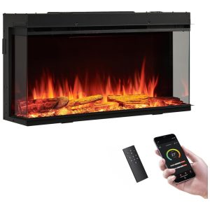 Lareira Elétrica LegendFlame 889 cm W Embutida Inteligente Vista Lateral 123 Aquecedor 750W-1500W Chamas de Múltiplas Cores Compatível com Alexa