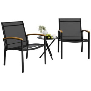 Conjunto de Bistro para Pátio Shintenchi 3 Peças Preto - Textilene Respirável Estrutura Aço Mesa e Cadeiras Modernas (Tamanho Pequeno Preto)
