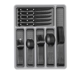 Jogo de Talheres Preto 49 Peças com Organizador em Aço Inox Estilo Coluna Romana para 8 Pessoas Facas de Jantar Resistente à Ferrugem Polido e Durável.EWFEN
