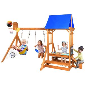 Playground Infantil de Madeira com Mesa de Piquenique Cesta de Basquete e 2 Balanços SuniBoxi Amarelo e Azul