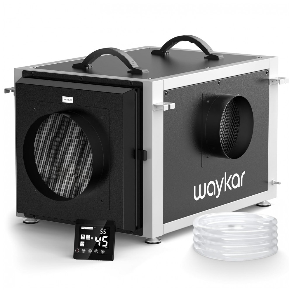 Desumidificador de Crawl Space Waykar 74 litros com Controle Remoto e Bomba, Design de Duto Duplo HVAC Comercial para Desumidificação de Casa Inteira
