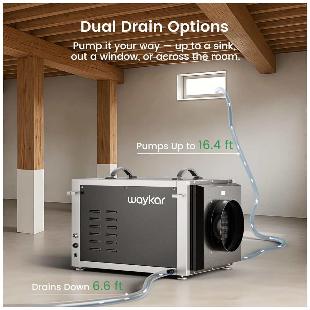 Desumidificador de Crawl Space Waykar 74 litros com Controle Remoto e Bomba, Design de Duto Duplo HVAC Comercial para Desumidificação de Casa Inteira - Imagem 3