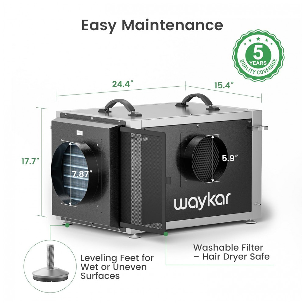 Desumidificador de Crawl Space Waykar 74 litros com Controle Remoto e Bomba, Design de Duto Duplo HVAC Comercial para Desumidificação de Casa Inteira - Imagem 8