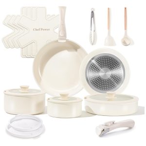 Jogo de Panelas e Frigideiras Material em Cerâmica com 19 Peças Utensílios de Cozinha Cabo Removível PFAS PFOA e PTFE grátis Chef Power Branco Creme