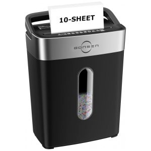 Fragmentadora de Papel Bonsen 10 Folhas Cortes Cruzados para Casa e Escritório Nível de Segurança P4 Alça Portátil Cesto de 15 Litros