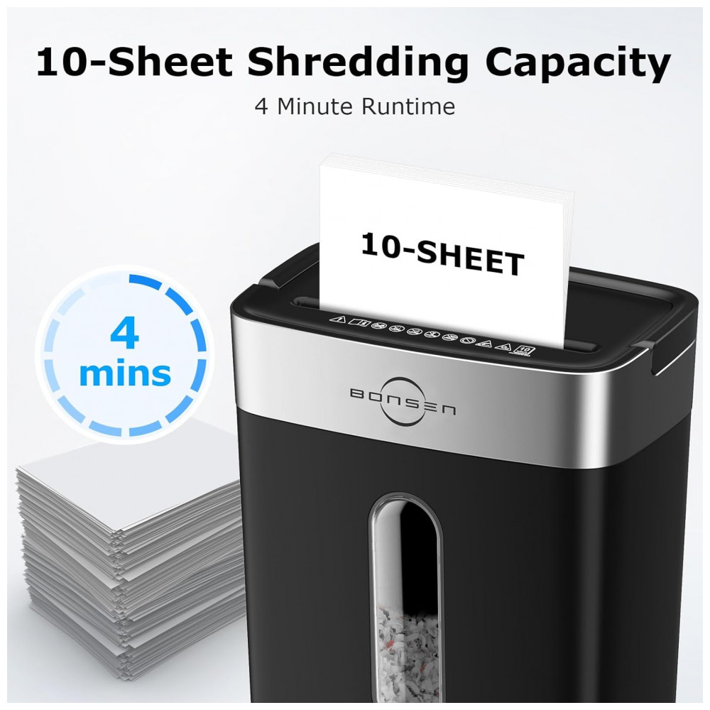 Fragmentadora de Papel Bonsen 10 Folhas Cortes Cruzados para Casa e Escritório, Nível de Segurança P4, Alça Portátil, Cesto de 15 Litros, - Imagem 2